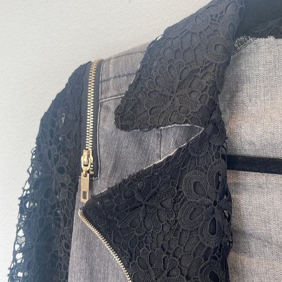 Paris Hues Black Denim & Lace Moto Jacket Cropped Size Small - Picture 9 of 15